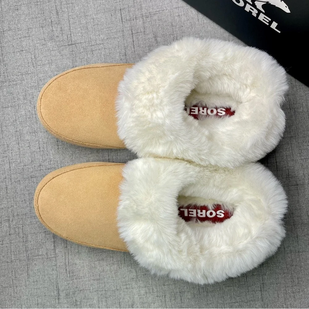 Sorel Women’s Go Coffee Run Slippers Tan Suede Leather Fur Slip On Shoes Nwt - Picture 9 of 16